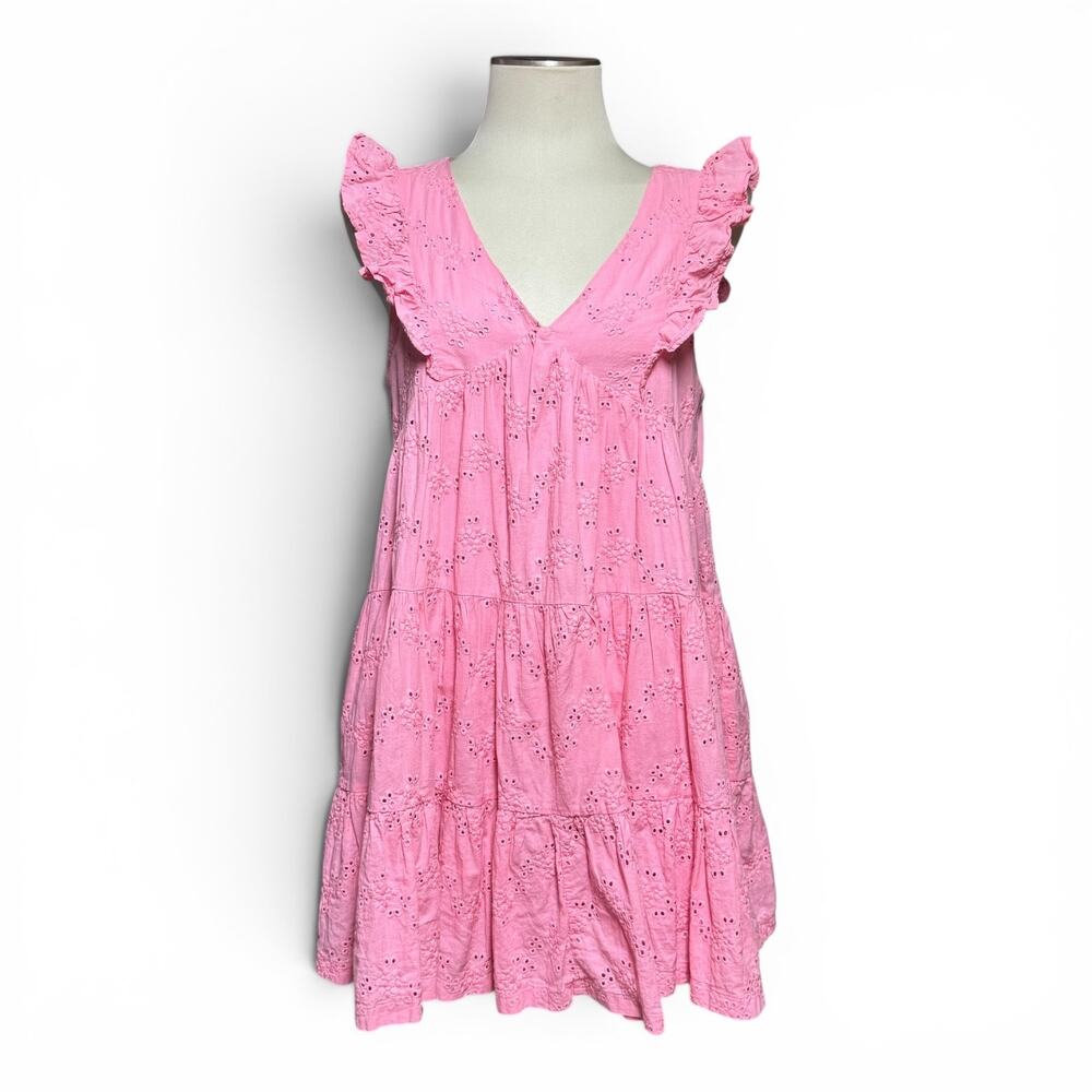 Habit Cotton Flutter Tiered Pointel Eyelet Dress Pink Large